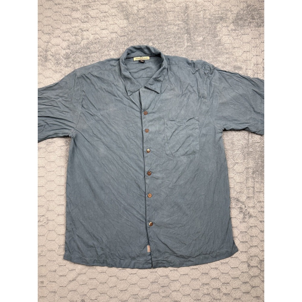 Tommy Bahama Shirt‎ Mens XL Blue Silk Button Up Camp Relax Pocket Herringbone